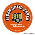 Rhino UV Armor+ Surface Marker saying Fiber Optic Cable followed by 811 logo. Know what's below. Call before you dig.