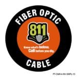 Rhino UV Armor+ Surface Marker saying Fiber Optic Cable followed by 811 logo. Know what's below. Call before you dig.