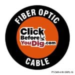 Rhino UV Armor+ Surface Marker saying Fiber Optic Cable. Click Before You Dig .com