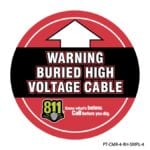 Rhino UV Armor+ Surface Marker saying Warning Buried High Voltage Cable followed by 811 logo. Know what's below. Call before you dig.