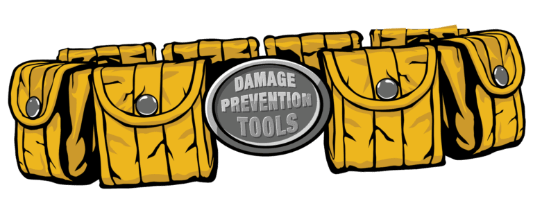 Utility Belt with belt buckle saying damage prevention tools